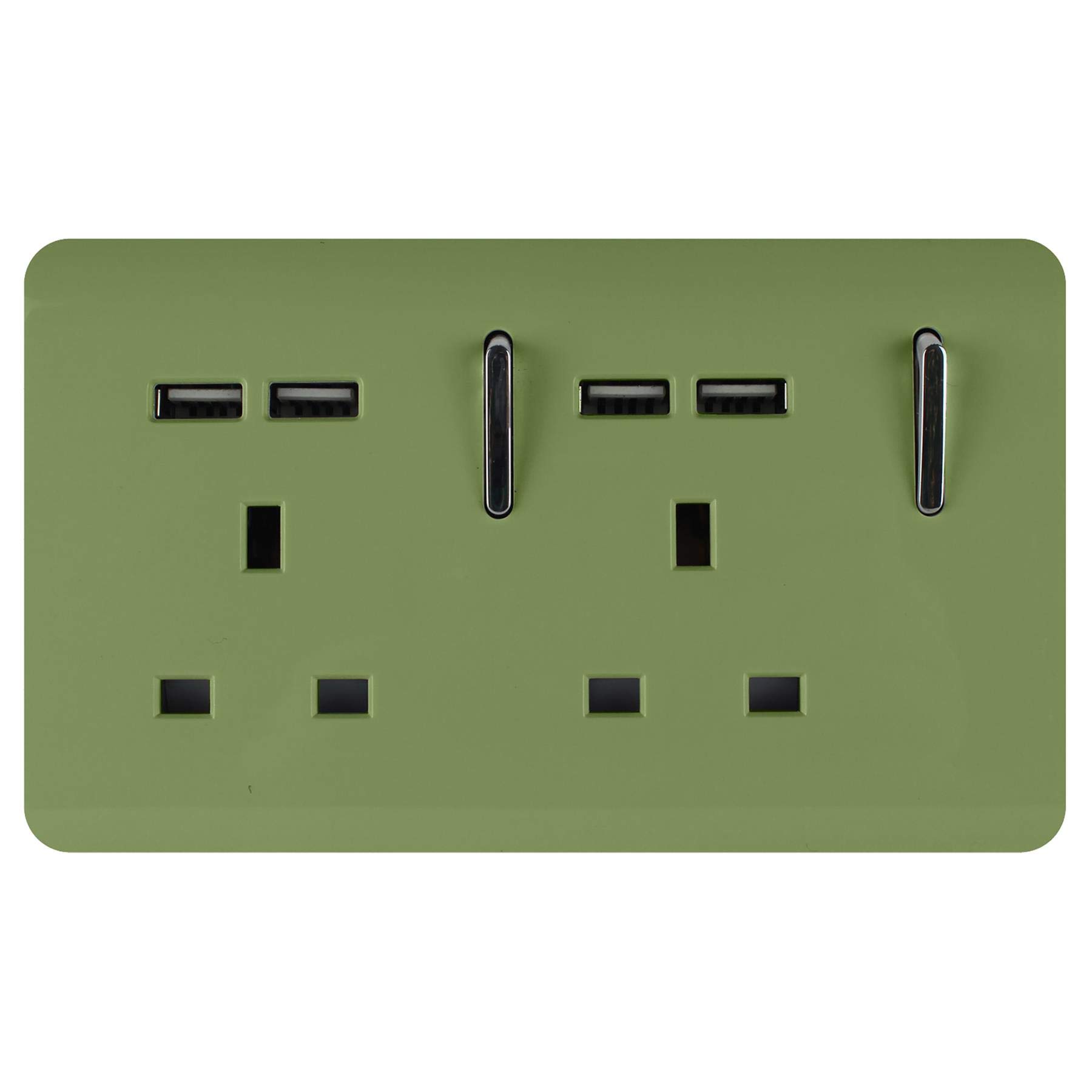 Trendi Switch Moss Green Trendi 2 Gang Artistic Modern Glossy Screwless Raised 13 Amp 240V Short 4 Usb Type A Charging Points Double Chrome Switched Electrical Wall Plug Socket - Art-Skt213usbmg