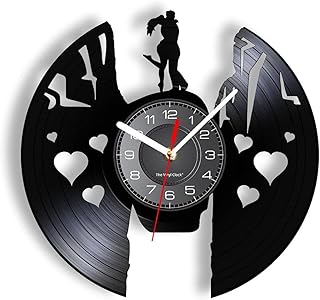 Orologio da parete a LED con dischi in vinile L'amore sconfigge tutto Orologio da parete retrò innamorato Coppia che si abbraccia e si bacia su una scogliera Orologio da parete in vinile Decorazioni