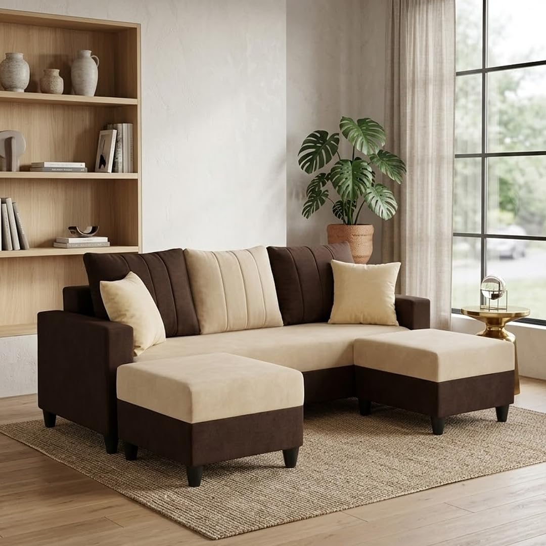 CASASTYLE Convon 5 Seater L Shape Sofa Set with 2 Movable Ottoman | Flexible Left or Right Layout | Cozy Velvet Fabric | Soft Touch Seating | Modern Designer Sofa for Living Room (Dark Brown-Cream)