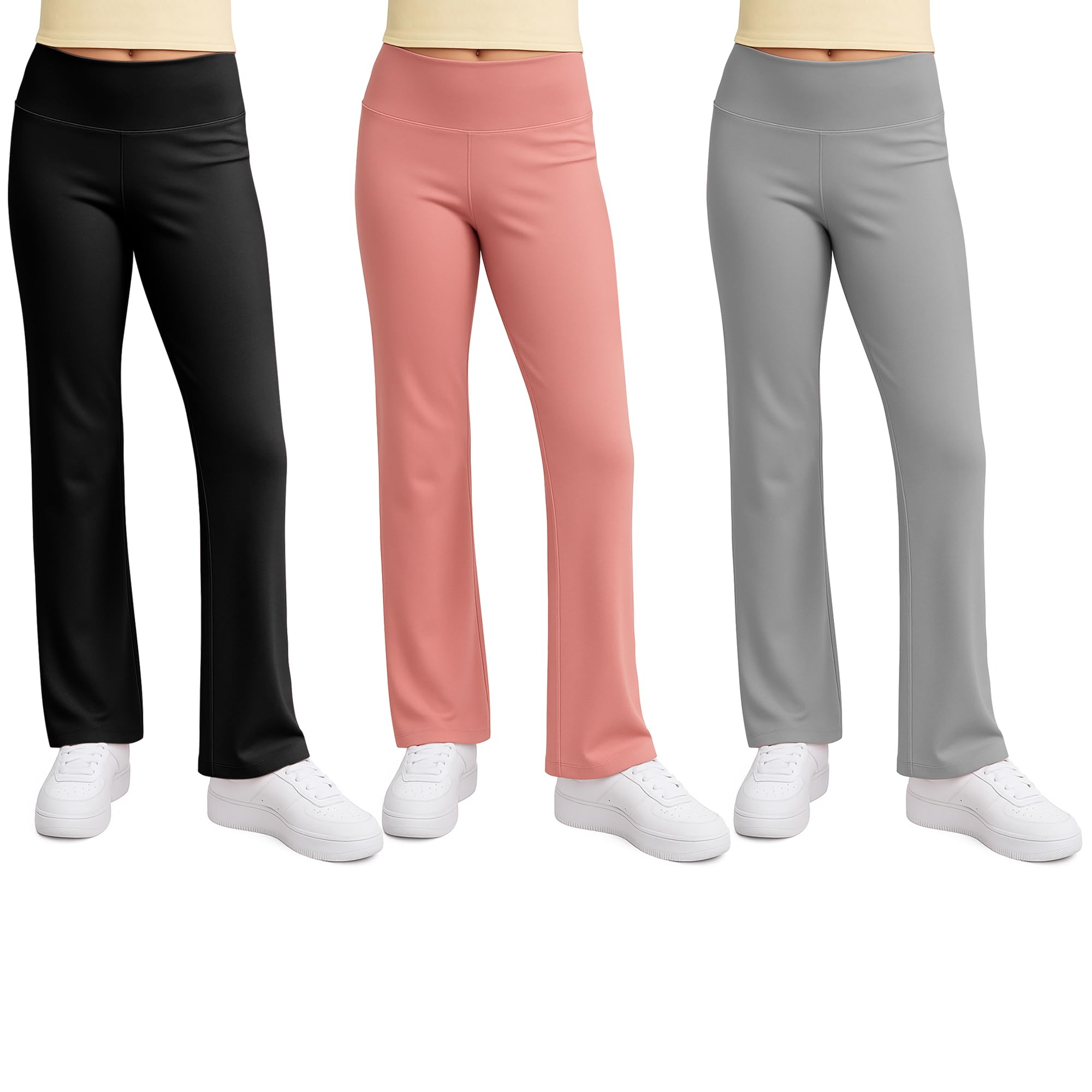 Beat Street Girls Flare Leggings - 3 Pack Athletic Kids Fold Over Waist Bell Bottom Pants for Yoga, Dance - Made in USA, Black/Heather Grey/Mauve, Size 14/16
