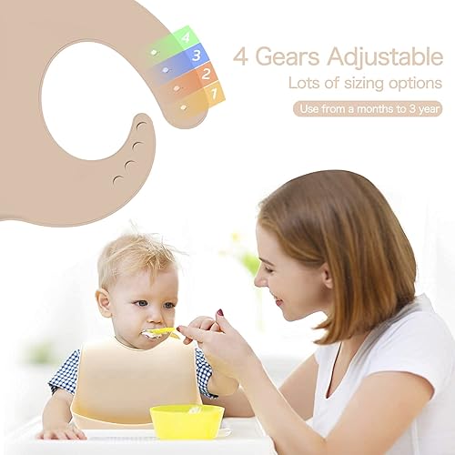 Miniatura 3 de Babero de silicona para bebé, baberos impermeables sin BPA, ajustable 2 piezas (natural)