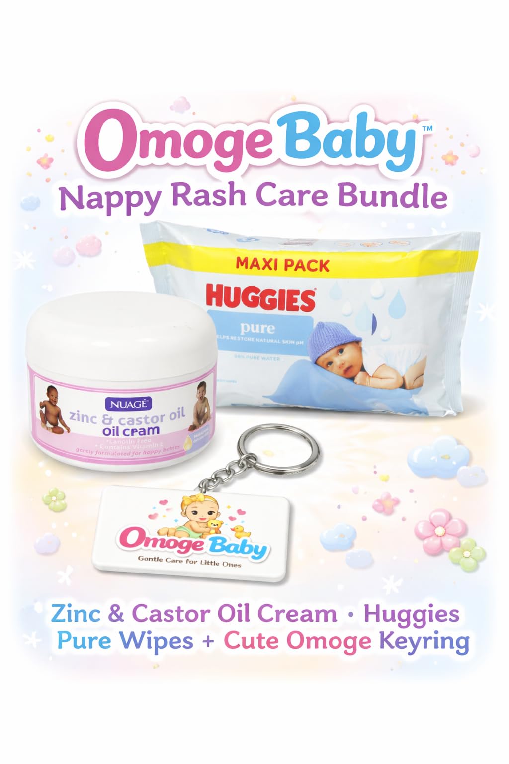 Newborn Nappy Care Bundle - Zinc Castor Oil Nappy Cream + Plastic Free Baby Wipes + Omoge Keyring - Image 2