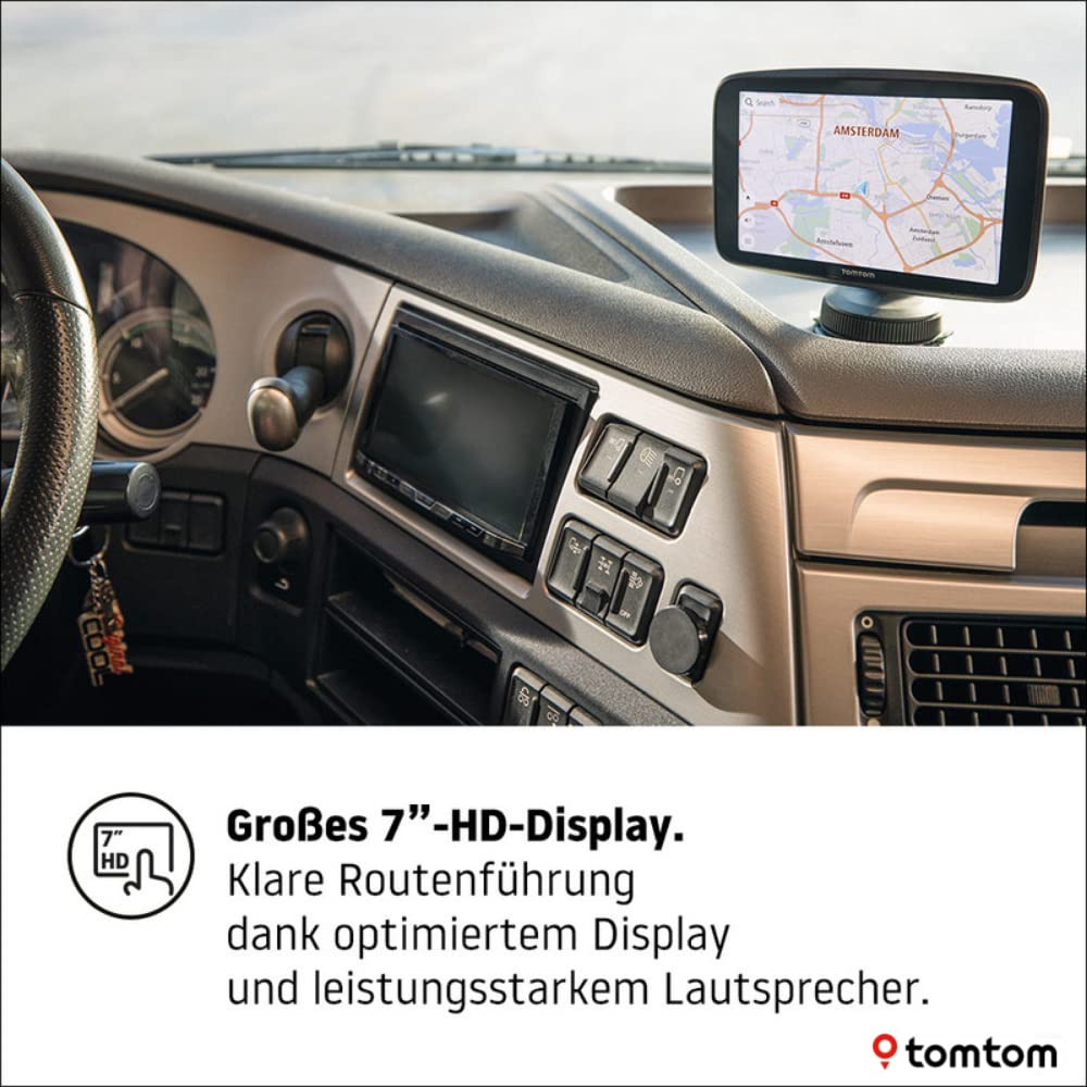 TomTom LKW Navigationsgerät GO Expert (7 Zoll HD-Bildschirm,Routen für große Fahrzeuge, Stauvermeidung dank TomTom Traffic, Weltkarten, Warnungen zu Beschränkungen, schnelle Updates über WiFi) Schwarz