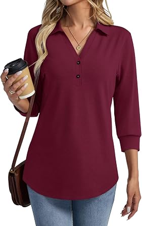 TICTICMISS Womens V Neck Polo Shirts 3/4 Length Sleeve Tops Collared Business Casual Summer Blouses