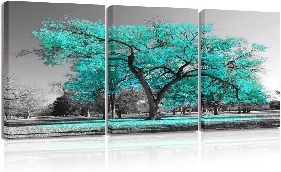 Visual Art Decor Teal and Grey Bedroom Picture for Wall 3 Pieces Turquoise Blossom Tree of Life Canvas Prints Framed Tree Painting Artwork for Modern Living Room Home Office Bathroom Decoration