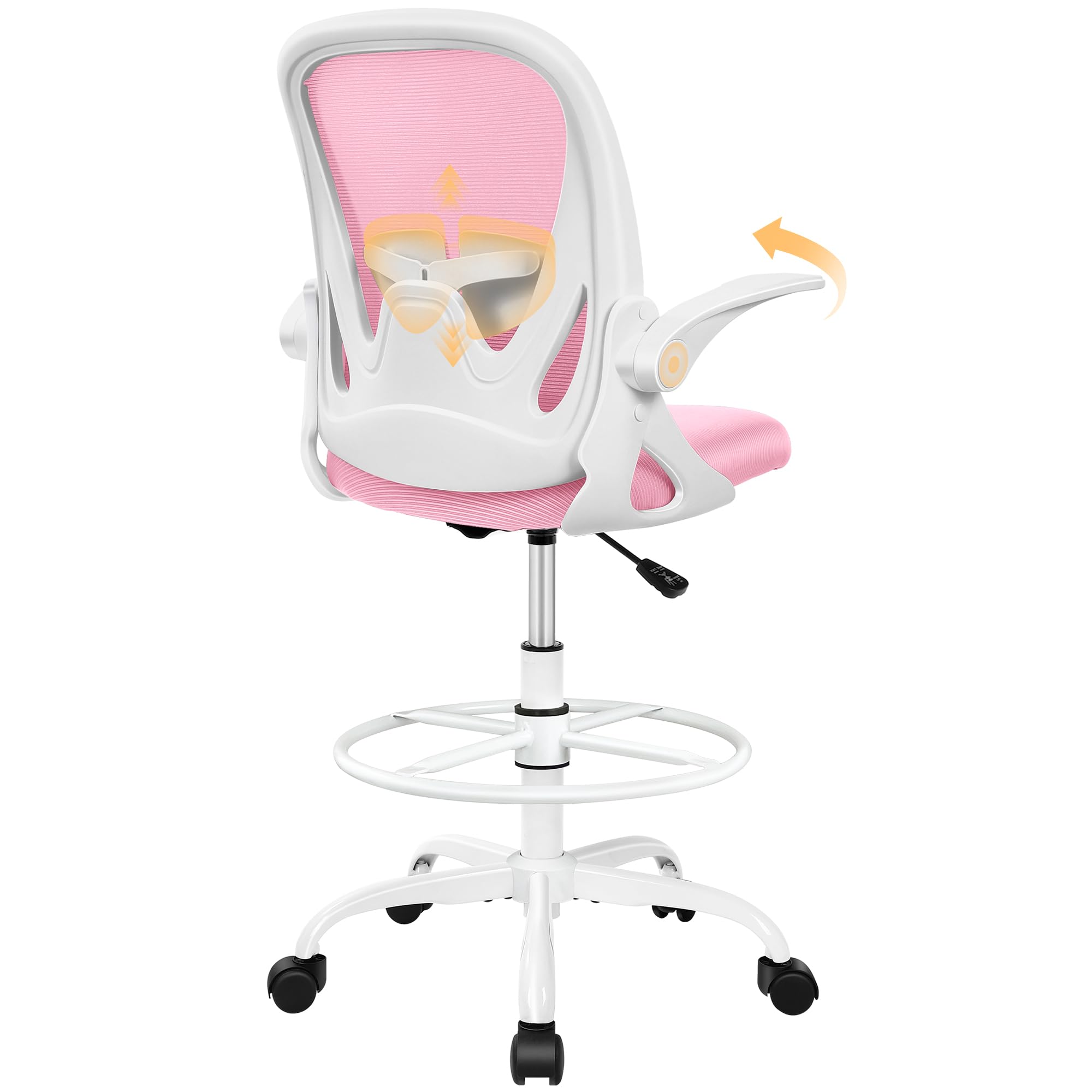 Primy Drafting Chair Tall Office Chair with Flip-up Armrests Executive Ergonomic Computer Standing Desk Chair with Lumbar Support and Adjustable Footrest Ring (Pink)