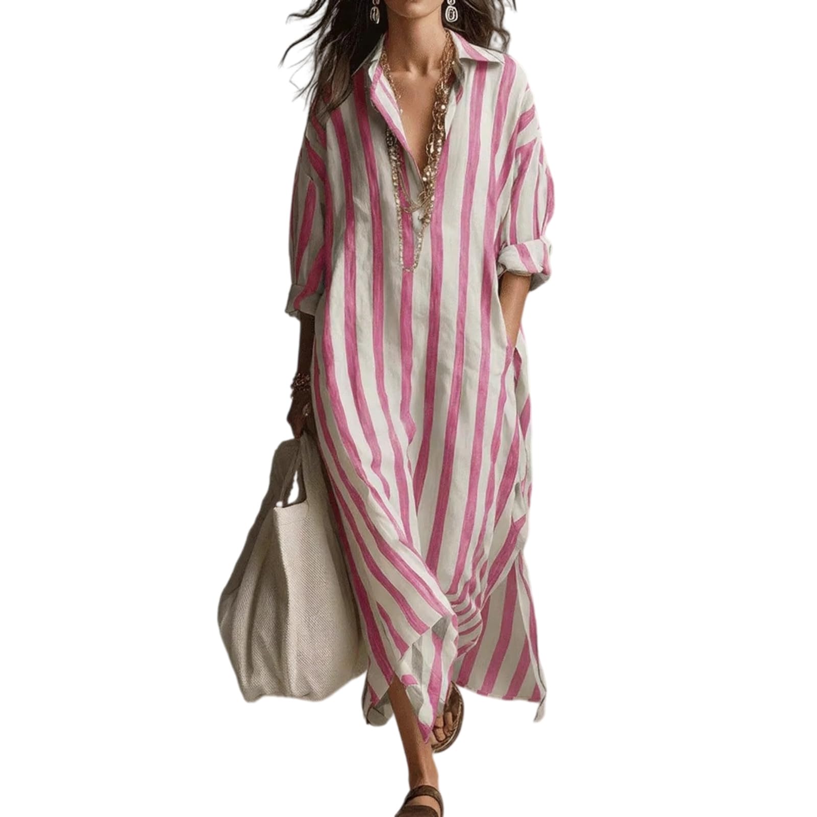Maxi abito casual da donna a righe a maniche lunghe con scollo a V con tasche, da viaggio, vacanze, spiaggia