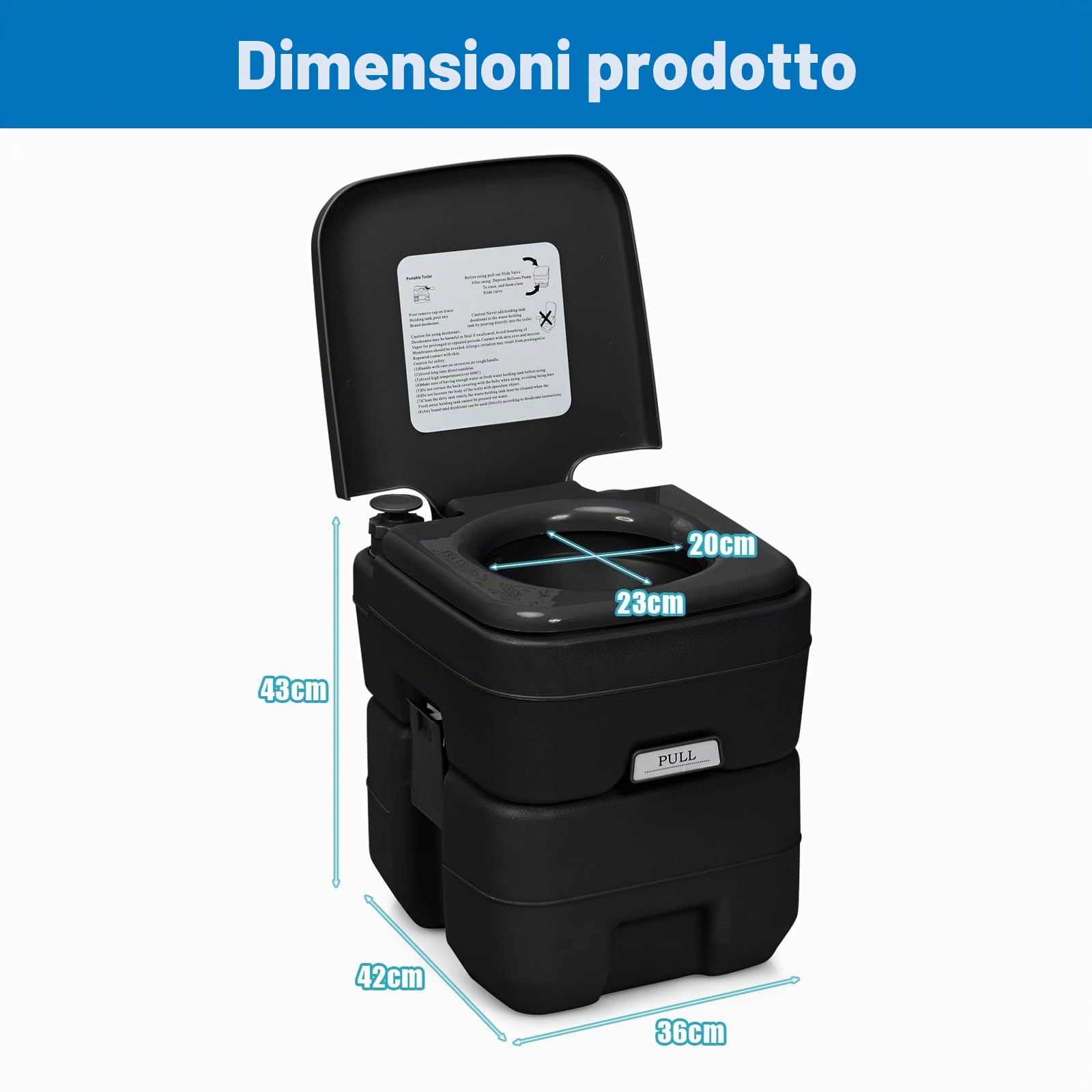 SOARS WC Portatile 20L, Bagno Chimico con 2 Serbatoi Rimovibili, Coperchio Anti-Odore, Maniglia, Carico Massimo 150 KG, Toilette Portatile per Campeggio, Viaggi, Auto, 36 X 42 X 43 CM (Nero)