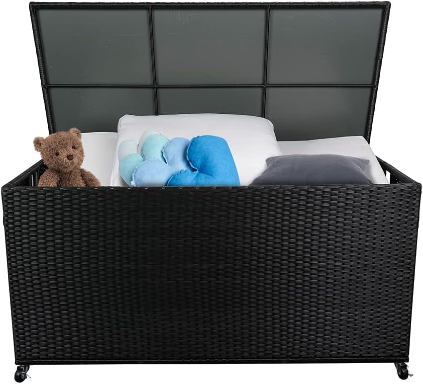Sundale Outdoor Storage Box with Wheels, 160 Gallon Wicker Patio Deck Boxes with Lid, Outdoor Cushion Storage Container Bin Chest for Cover, Hose, Pillow, Towel - Black