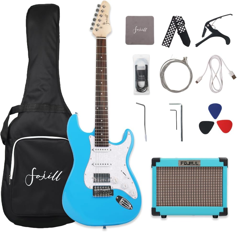 Fojill HSS Pickup 39 Inch Full Size Electric Guitar Kit Set Beginner Starter Combo Package Bundle 10W Battery Power Bluetooth Amplifier Amp Bag,Picks, Cable, Strap, Extra Strings