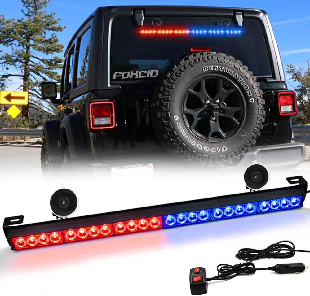 (Damaged) 24 LED Strobe Emergency Traffic Advisor Light Bar Windshield Rooftop Safety Caution Warning Directional Lights Trucks Police Construction Vehicles Snowplow Red Blue Red & Blue 27 Inch