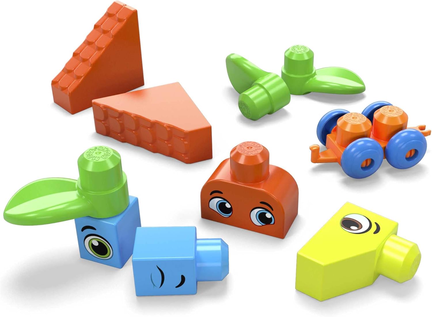 Various special MEGA BLOKS pieces including a wheelbase, leaf blocks, and decorated blocks