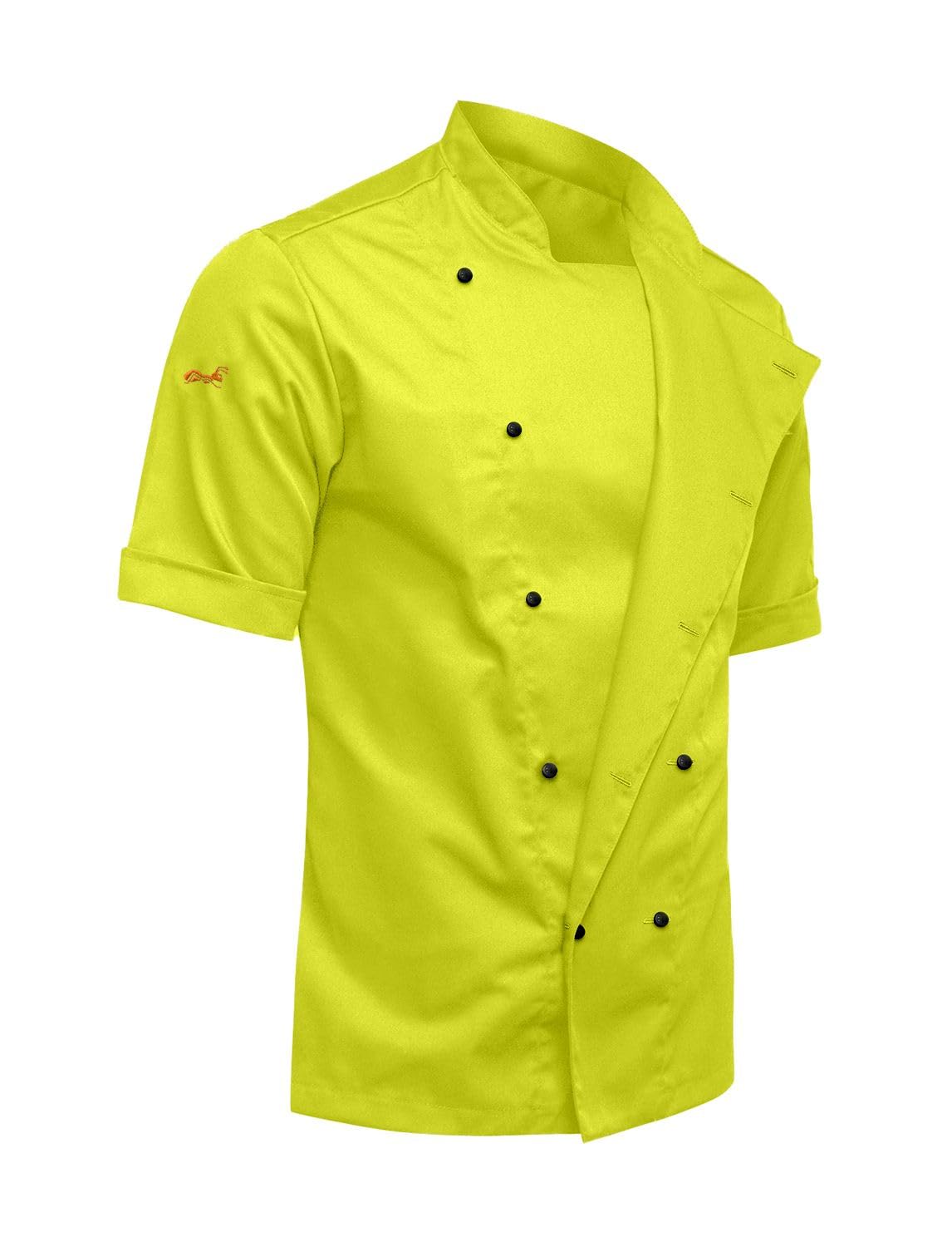 Strongant Men's Neon Yellow Easyclean Easymove Short-Sleeved Chef's Jacket With Ball Buttons Slim Fit Chef's Uniform Baker's Jacket, Ball Knobs, Xs