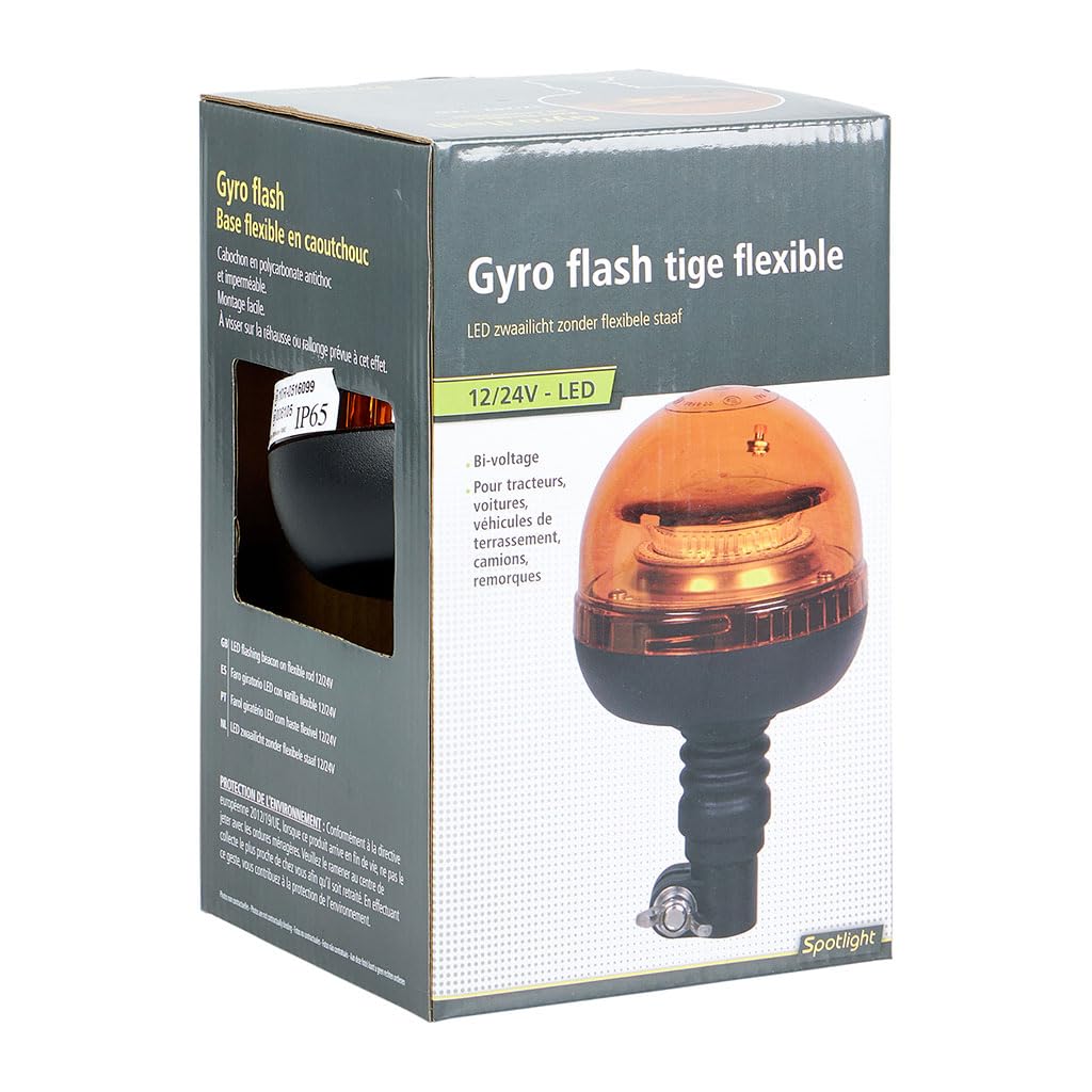 OROK 648162 Gyrophare Orange LED 12/24V Bi-Voltage – Gyroflash IP65 – Fixation sur Tige Flexible – Cabochon Polycarbonate Antichoc – Véhicule Agricole Utilitaire Chantier
