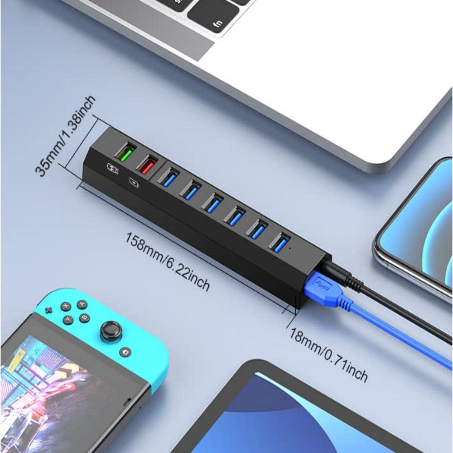 RAOYI Hub USB 3.0 alimentato, 8 porte ad alta velocità USB 3.0 Hub Splitter con adattatore di alimentazione da 36 W, cavo da 1 m e hub USB per caricabatterie rapido intelligente per laptop, PC, HDD