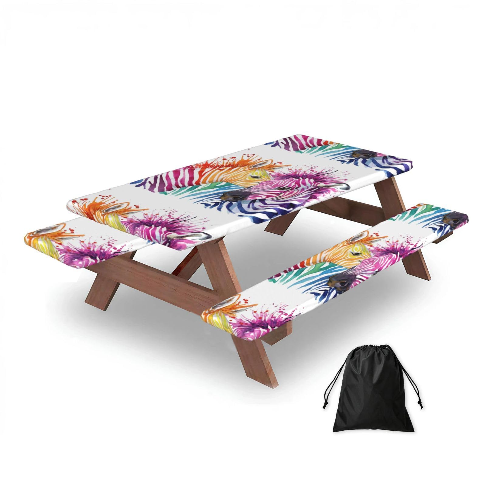 Dopklna As Picture Rainbow Zebra, Picnic Table Cover With Bench Covers -Waterproof Elastic Fitted Tablecloth For Garden Camping Patio 76X152cm
