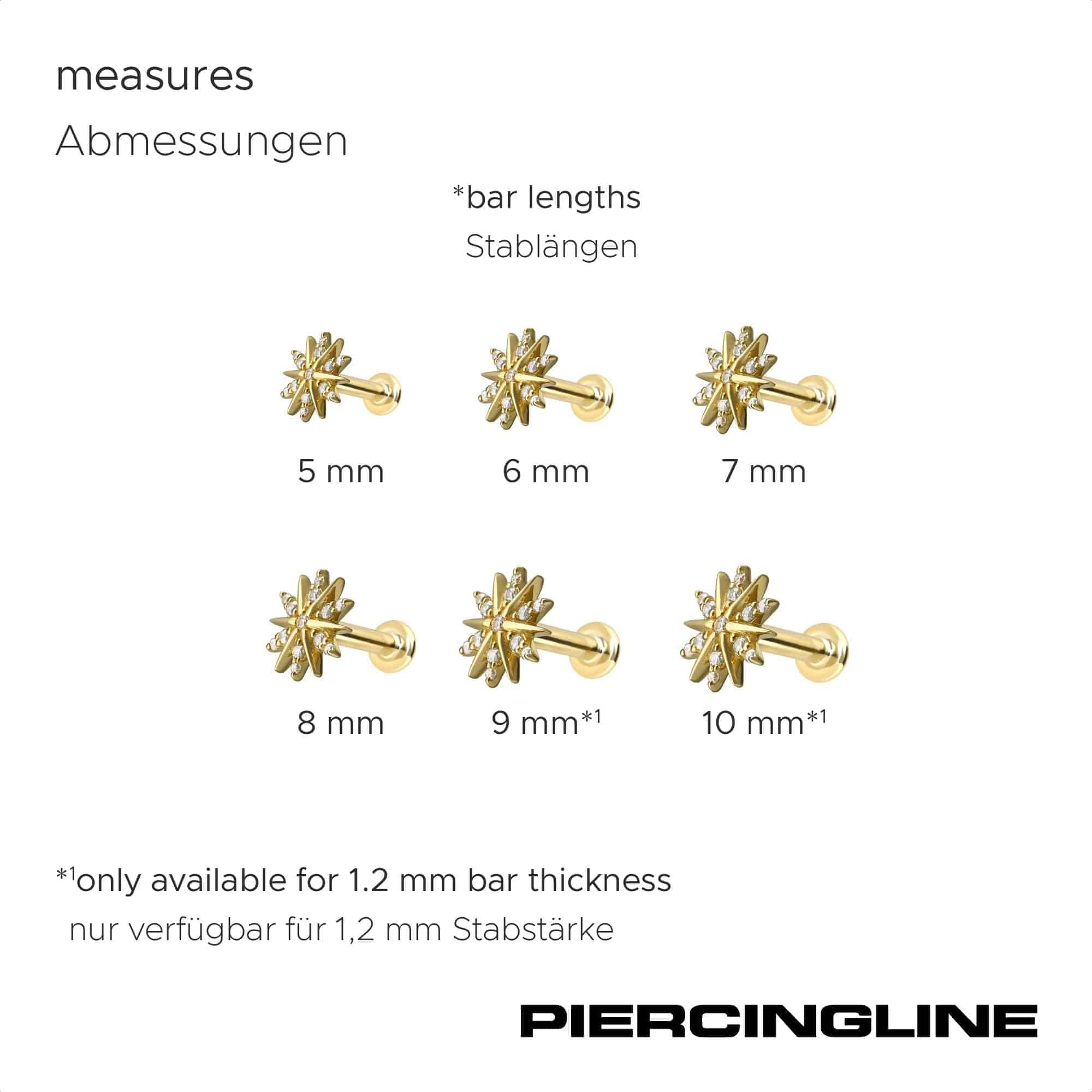 PIERCINGLINE Piercing Stecker 14 Gold Labret mit Push Fit MOISSANIT-BLUME 585er Gold - Roségoldfarben, Goldfarben, Silberfarben