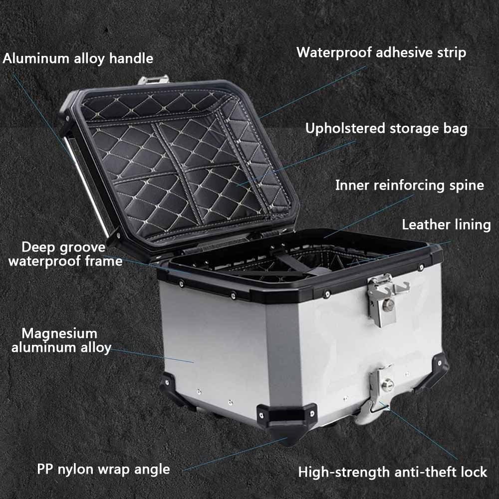 Motorrad-Topcase mit Großem Fassungsvermögen, Aluminium Motorrad Heckbox Reisen Motorradkoffer mit Sicherheitsschloss, Wasserdicht Motorrad Top Box,Silver-45L