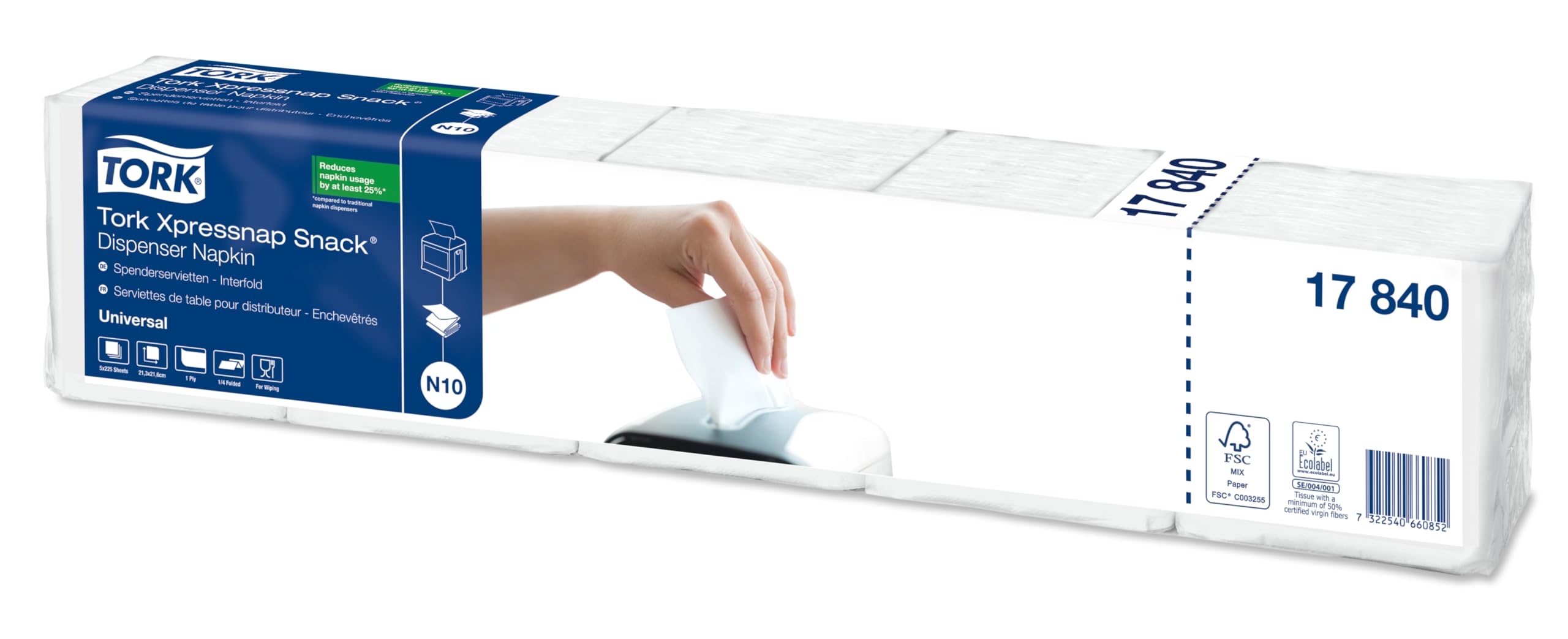 Tork 17840 Xpressnap Snack Weiße Spenderserviette / 1-lagige Papierservietten mit 1/4 Falz für Serviettenspender N10 / 8 x 5 x 225 (9000) Servietten / 21,6 x 21,3 cm (B x L)
