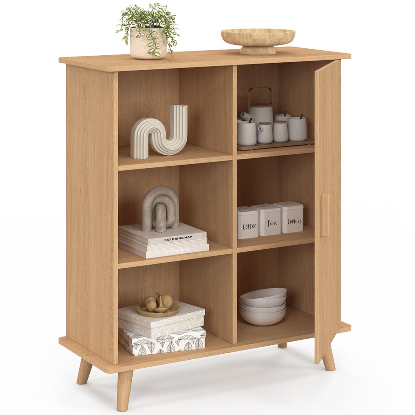 IDMarket - Buffet d'appoint 3 étagères et Placard 70 cm Juliette Effet Lattes tasseau Bois