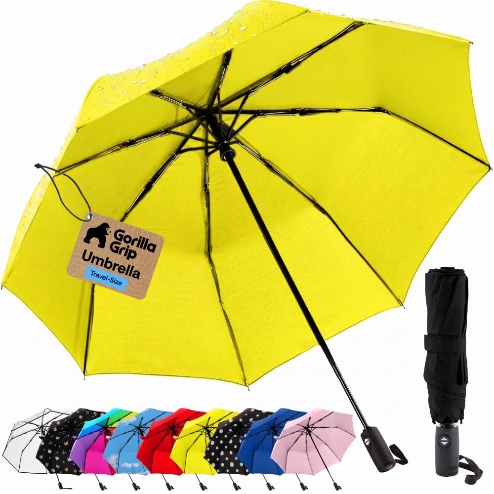 GORILLA GRIP Compact Travel Size Umbrella for Rain, Yellow