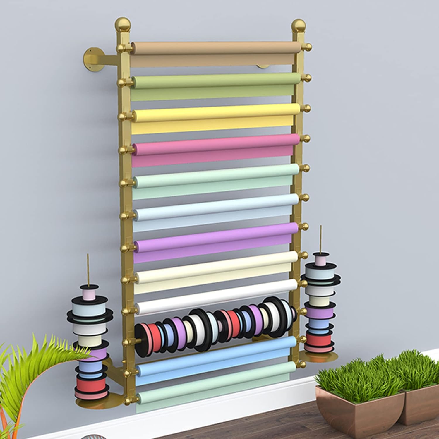 Flower Shop/Studio/Home Organizer Holder,Wall Mounted Storage Display Rack for Ribbon/Scarf/Gift Wrapping Paper, 120cm Tall(Gold,70x20x120cm)