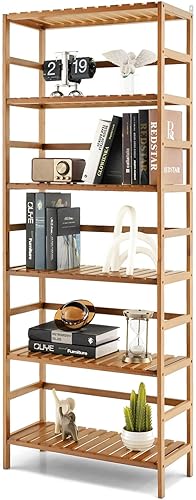 Giantex Estantería de bambú de 6 niveles, estante de exhibición de almacenamiento libre de 63 pulgadas de alto con estantes ajustables, estante