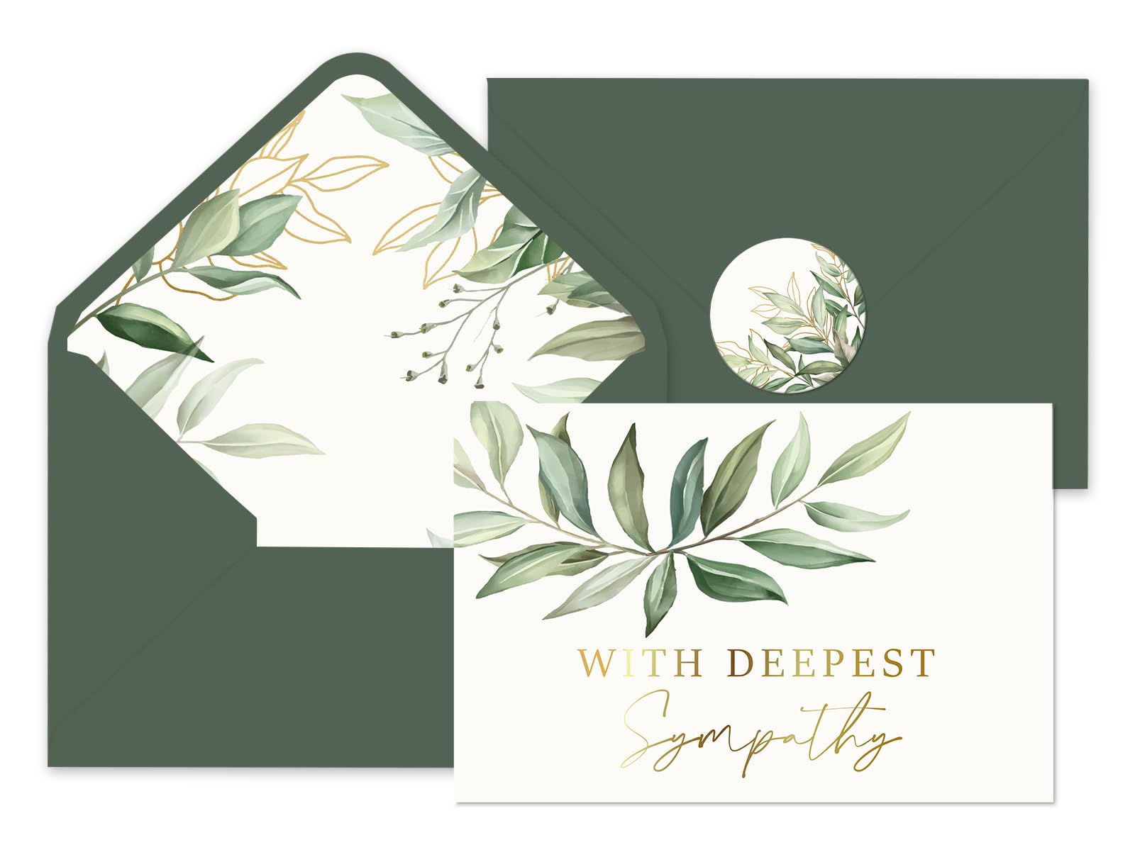 JarThenaAMCS 24 Pack Greenery Sympathy Cards with Envelopes & Stickers Gold Foil Eucalyptus Leaves Greeting Cards to Express Your Condolences, 4 x 6