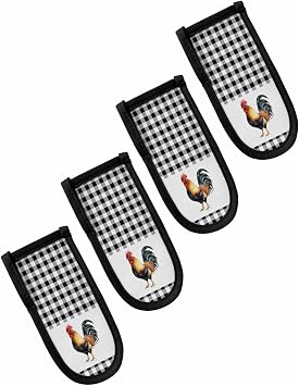 4 Packs Hot Handle Holder, Black Rooster Cast Iron Skillets Pan Handle Covers Sleeves Potholder Kitchen Decor Essential Cookware for Home Camping Cooking Tools, Farm Buffalo Plaid White Check