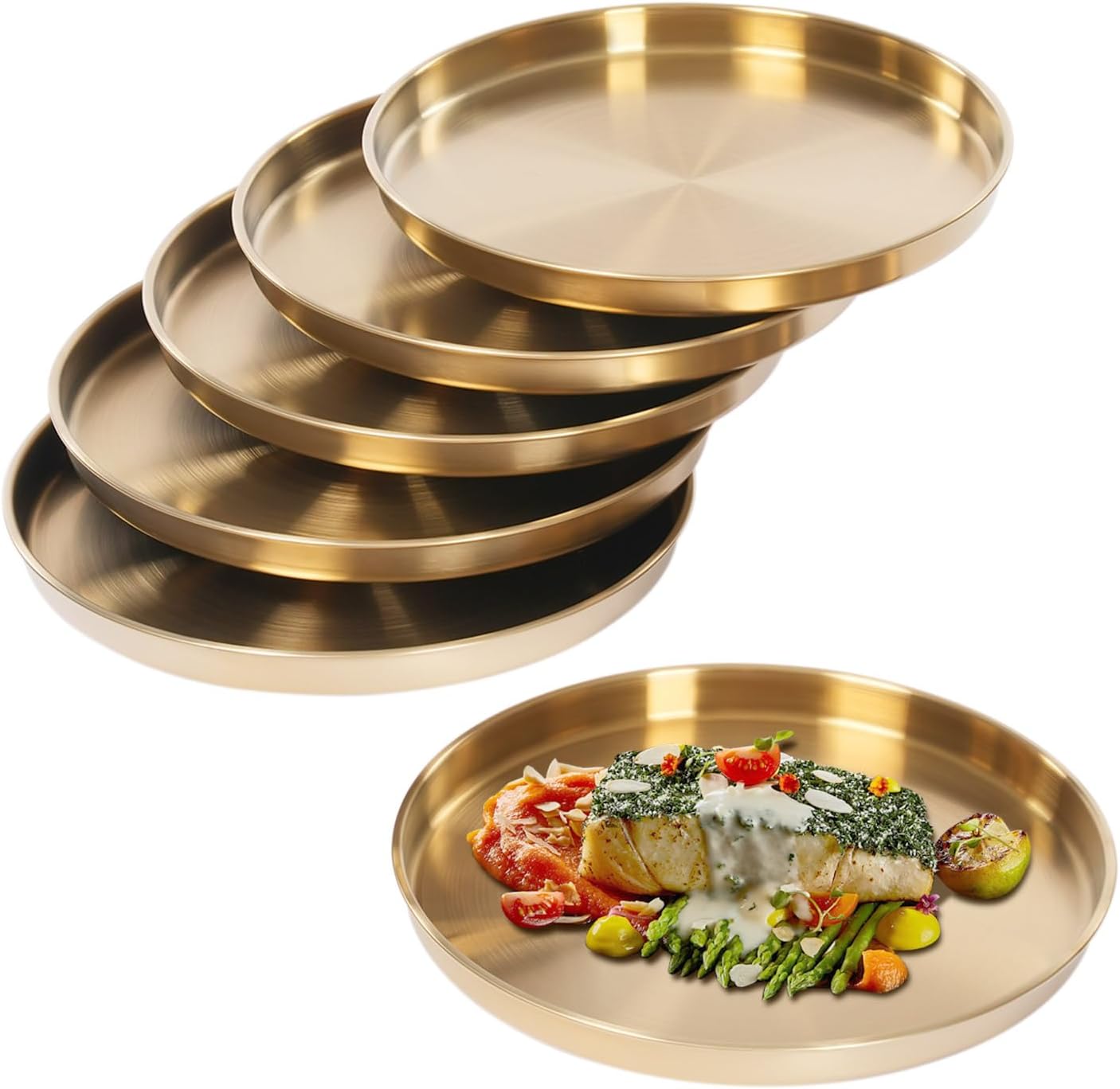 6 PCS 12 Inch Round Gold Tray, Stainless Steel Gold Plates, Gold Decorative Tray, Reusable Round Camping Plate for for Food, Jewelry, Bathroom Counters, Living Rooms (Dishwasher Safe)