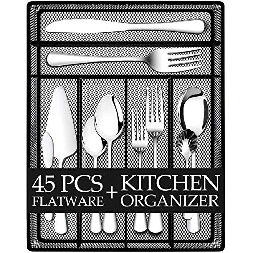 Teivio 45 Piece Silverware Set, Flatware Utensils Set Mirror Polished, Dishwasher Safe Service