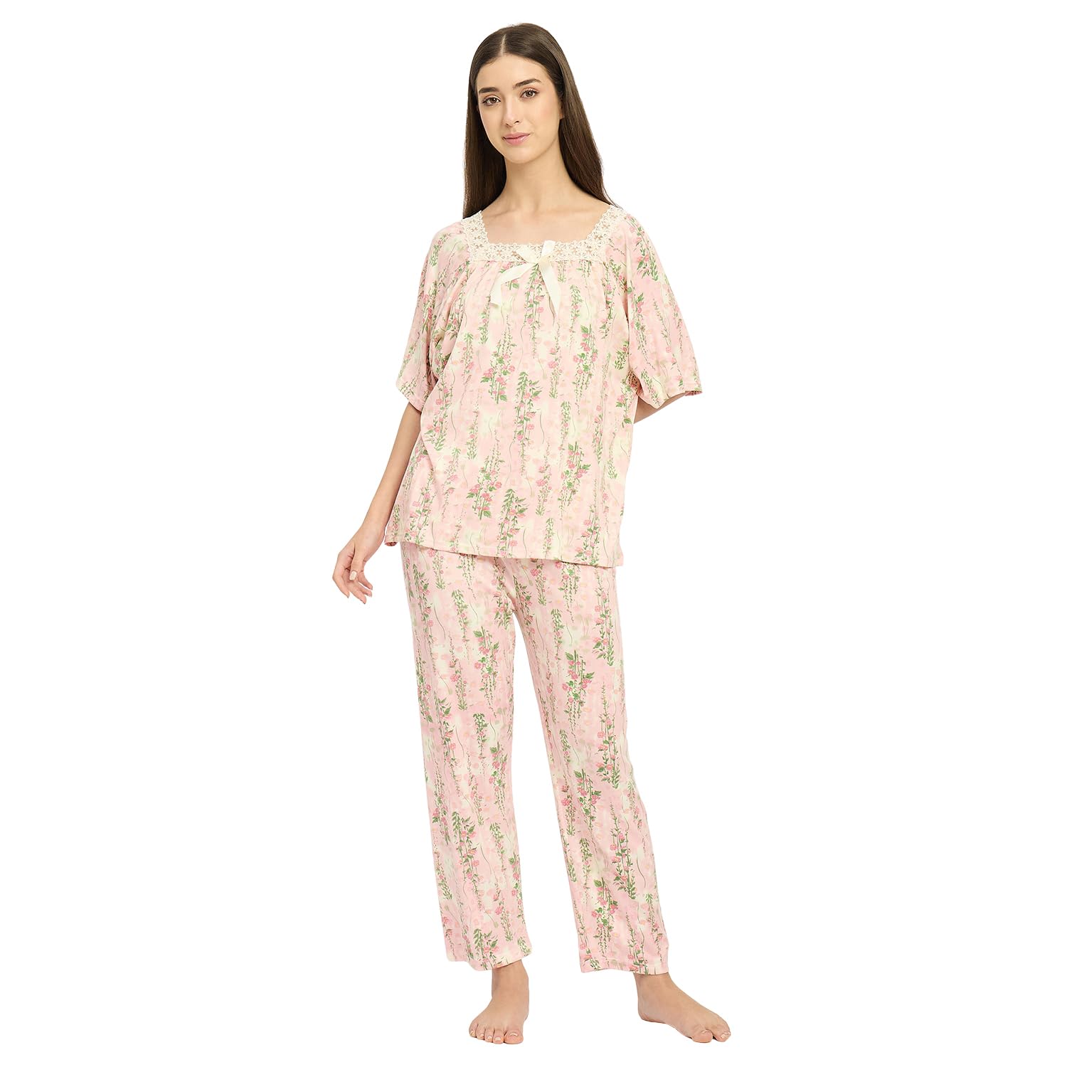 camey Women’s Floral Printed Night Suit Set | Short Sleeve Top & Pyjama | Soft & Comfortable Sleepwear for Ladies-picture-33