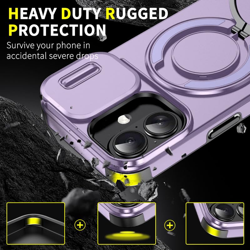 Image of LuxuryKase Shockproof Rugged Case for iPhone 17 | Slide Camera Cover | 360 Rotating Ring Kickstand | Military-Grade Protection - Lavender Purple