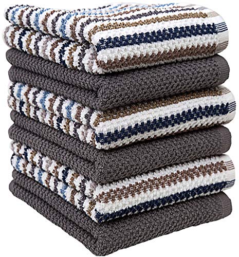 Premium Kitchen Towels (16”X 26”, 6 Pack) | Large Cotton Kitchen Hand Towels | Popcorn Striped Design | Dish Towels | 430 Gsm Highly Absorbent Tea Towels Set With Hanging Loop | Gray #TOP4