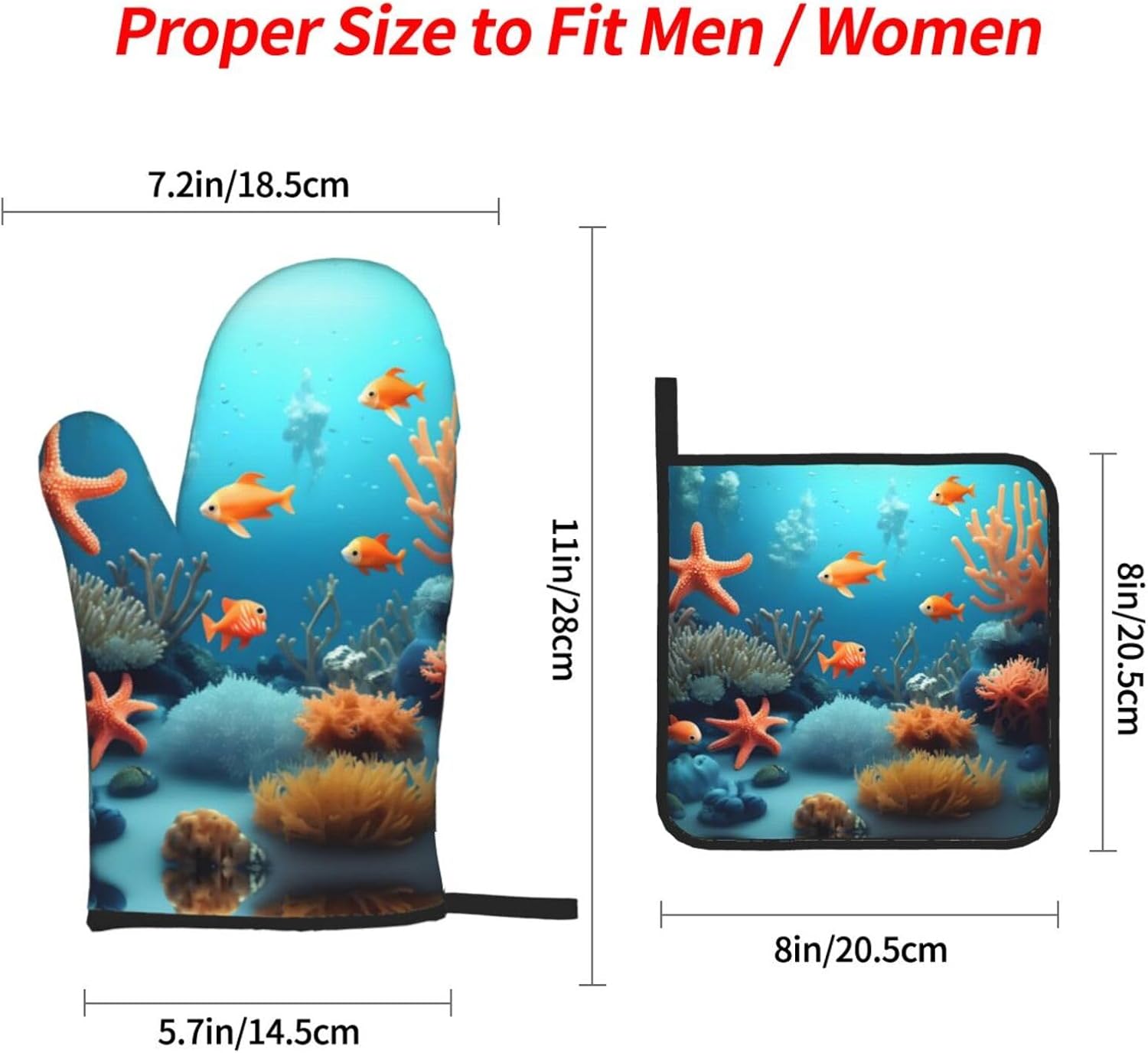 Coral Fish underwater Oven gloves and heat-resistant mat 4-piece set. Suitable for grilling, microwave oven frying, and baking