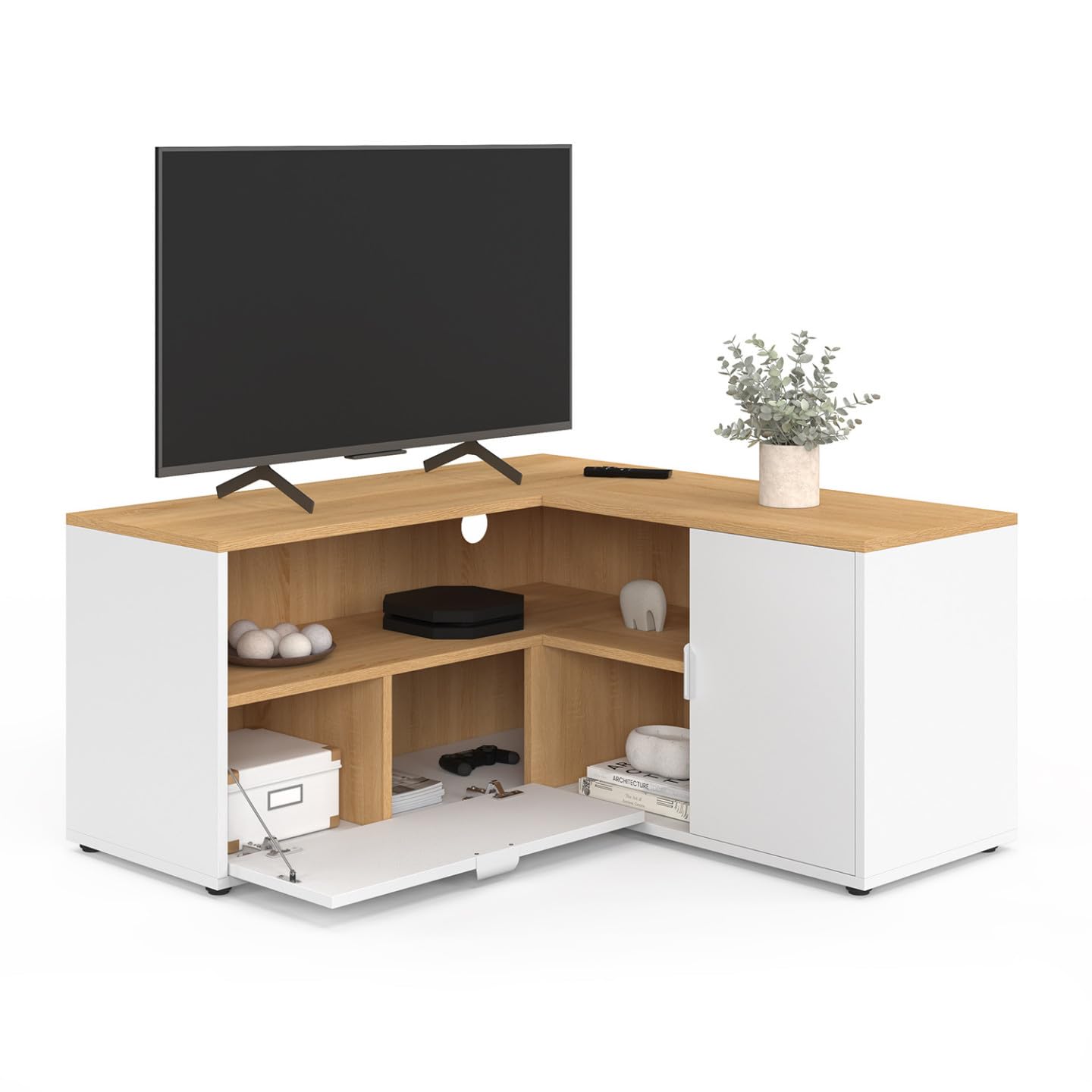 IDMarket - Meuble TV 90 x 90 cm d'angle Baltazar façon hêtre et Blanc
