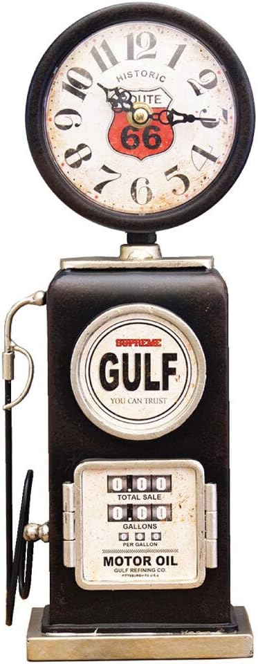 Akizuki Boeki Blue GS Service Table Clock, W 5.4 x D 3.0 x H 13.8 inches (13.7 x 7.5 x 35 cm), Table Clock, Gas Pump, EA180149GAK-BL
