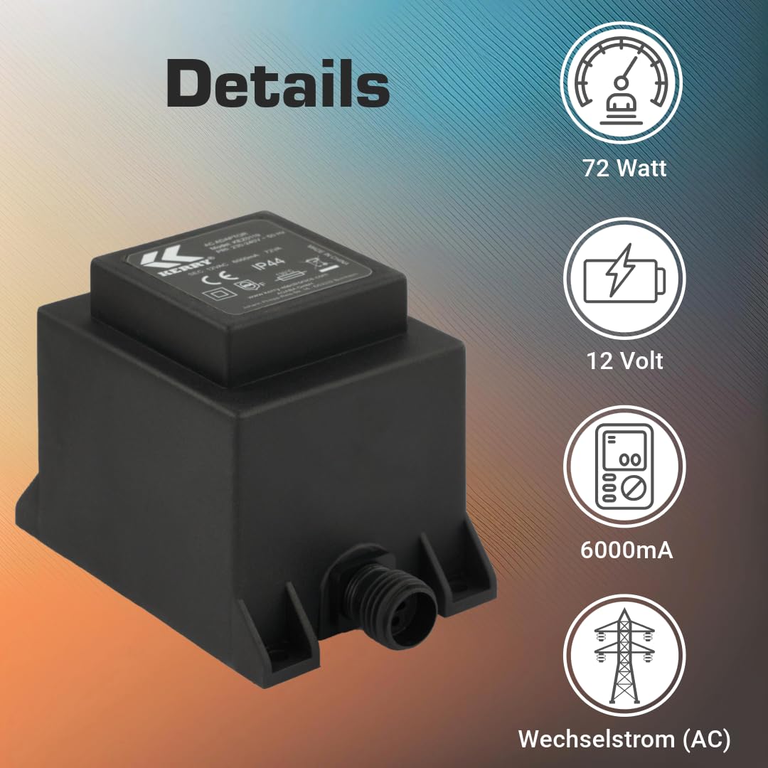 Netzteil 72 Watt IP44 für Außenbereich, LED-Trafo, Transformator 230V auf 12V, 6000mA Wechselstrom Netzstecker 2 Polig, 12V Adapter, Netzteil-Adapter, Netzgerät, Netzadapter