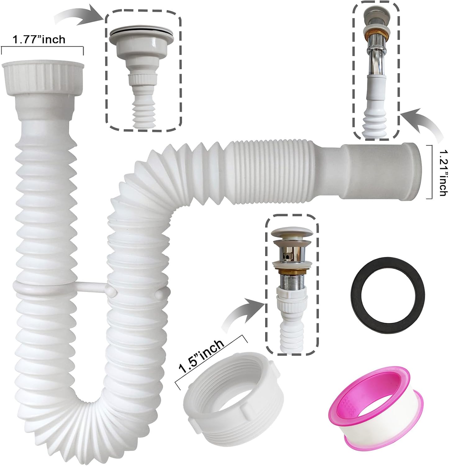 White Flexible Expandable Bathroom P Trap, 1 1/4 to 1 1/2 Sink Drain Adapter Included, Wash Basin Rubber Tips Sink Drain Pipe, Universal Extension Tube for Kitchen Bathroom Sink Sewer Drain