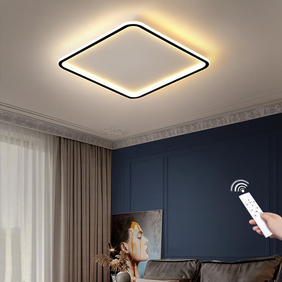 AOMEI 19-inch Square 3CCT Adjustable LED Ceiling Light - 40W 3000K/4000K/6000K Full Spectrum Edge-lit Recessed Panel for Bedroom & Study (Black)