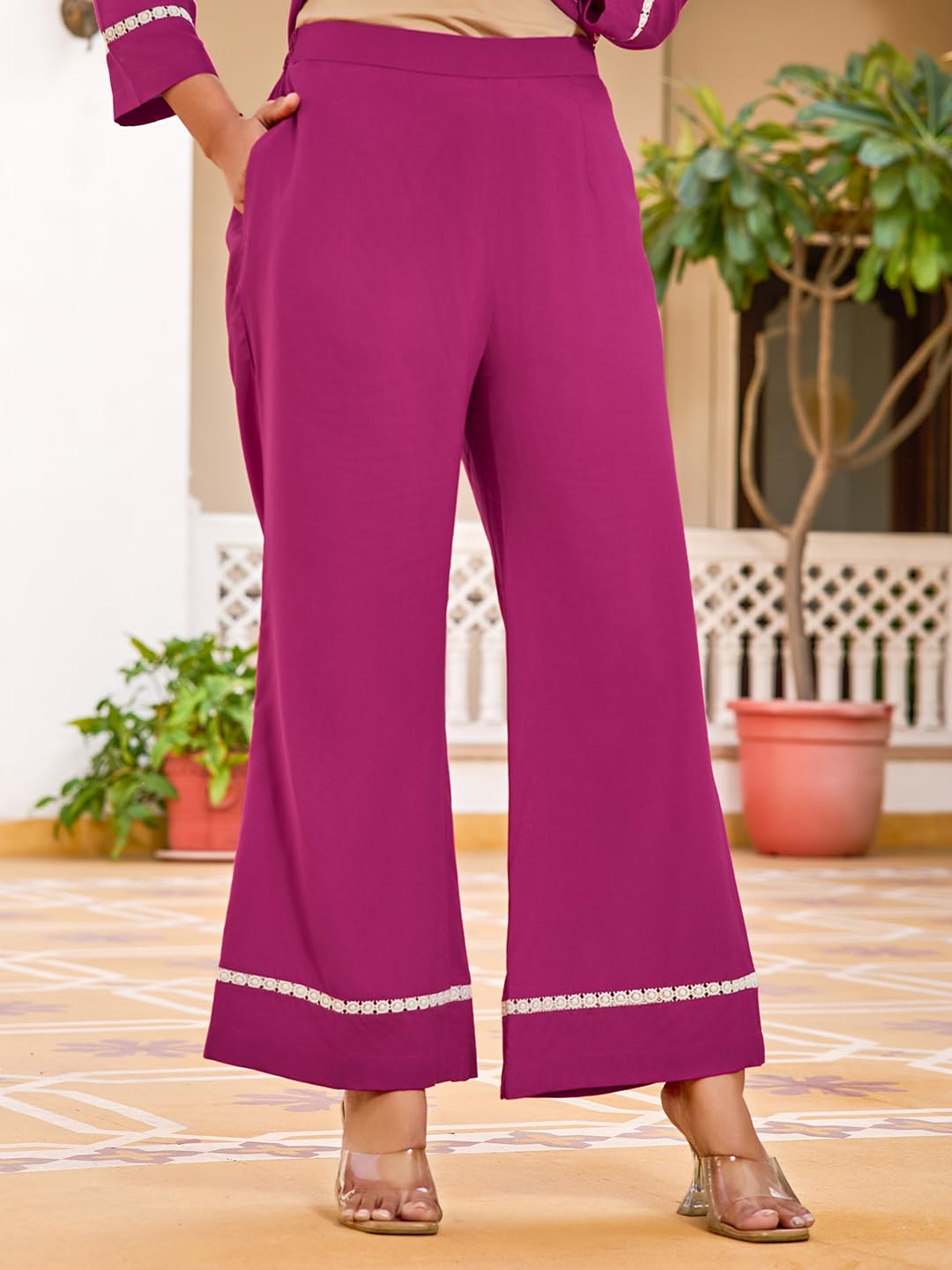 VIBE VISION 2-Piece Women's Co-ords Set - Viscose Rayon V-Neck 3/4 Sleeve Regular Fit Casual Shirt & Trousers Embroidered Design (RANI, L) 4