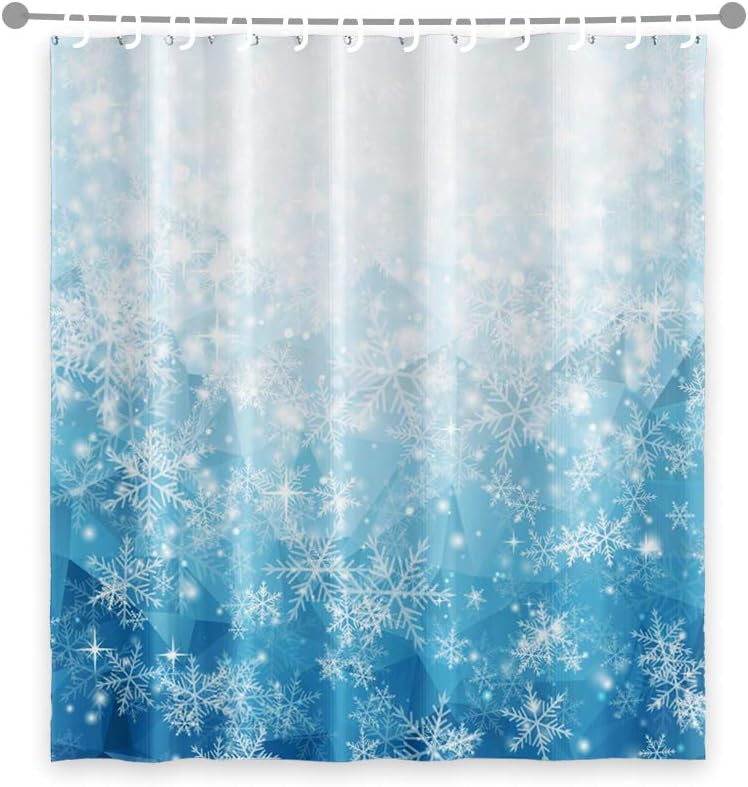 OERJU 69x75inch Pure White Snowflake Shower Curtain Merry Christmas Sparkly Glitter Pattern Beautiful Fresh Style for Girly Bathroom Decor Fabric Bathtub Shower Curtain Liner Durable with Hooks