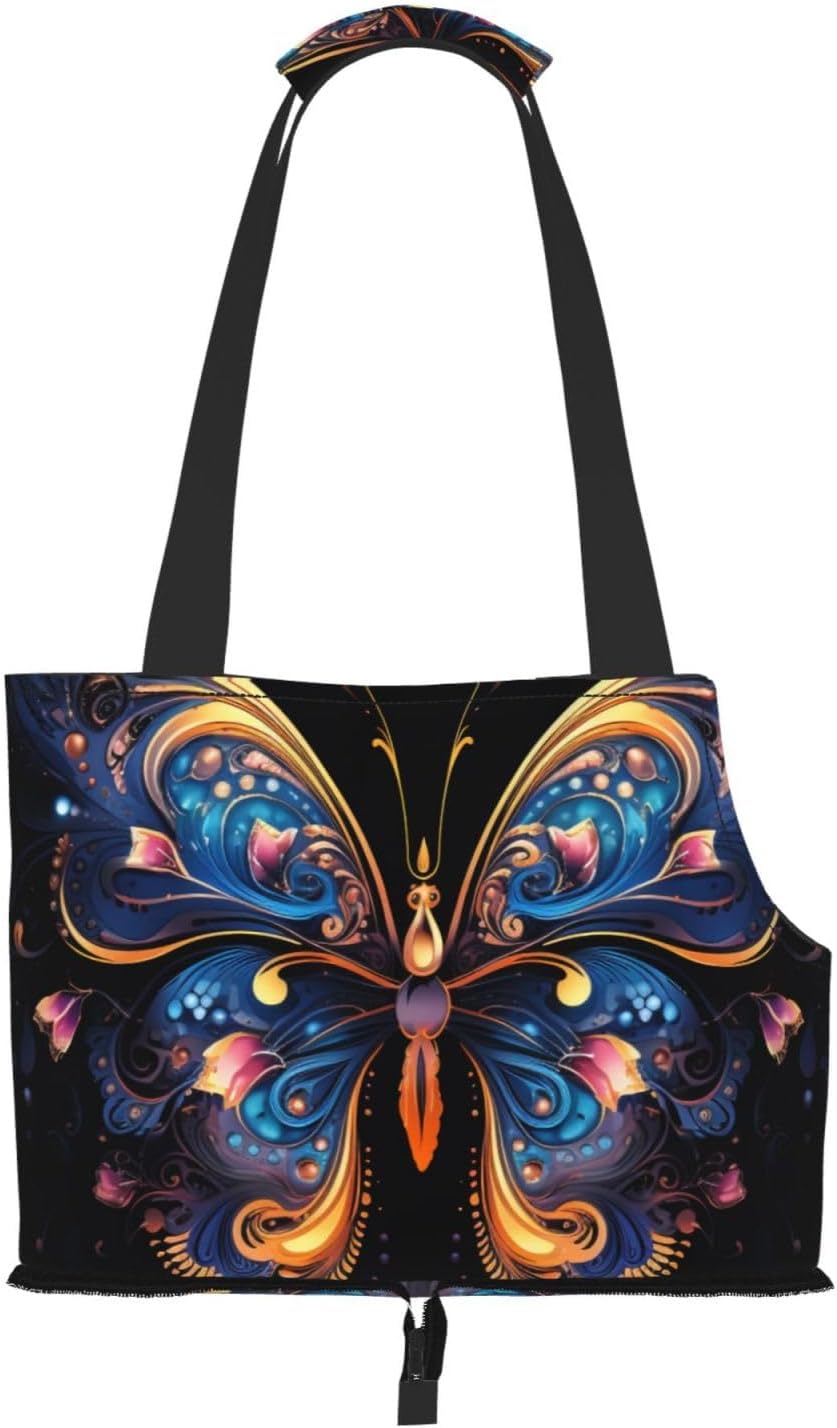 Butterfly Print Pet Tote Bag for Small Dogs and Cats, Black, 15.2 x 10.4 x 7.5 Inches, Polyester, with Adjustable Shoulder Strap image 2
