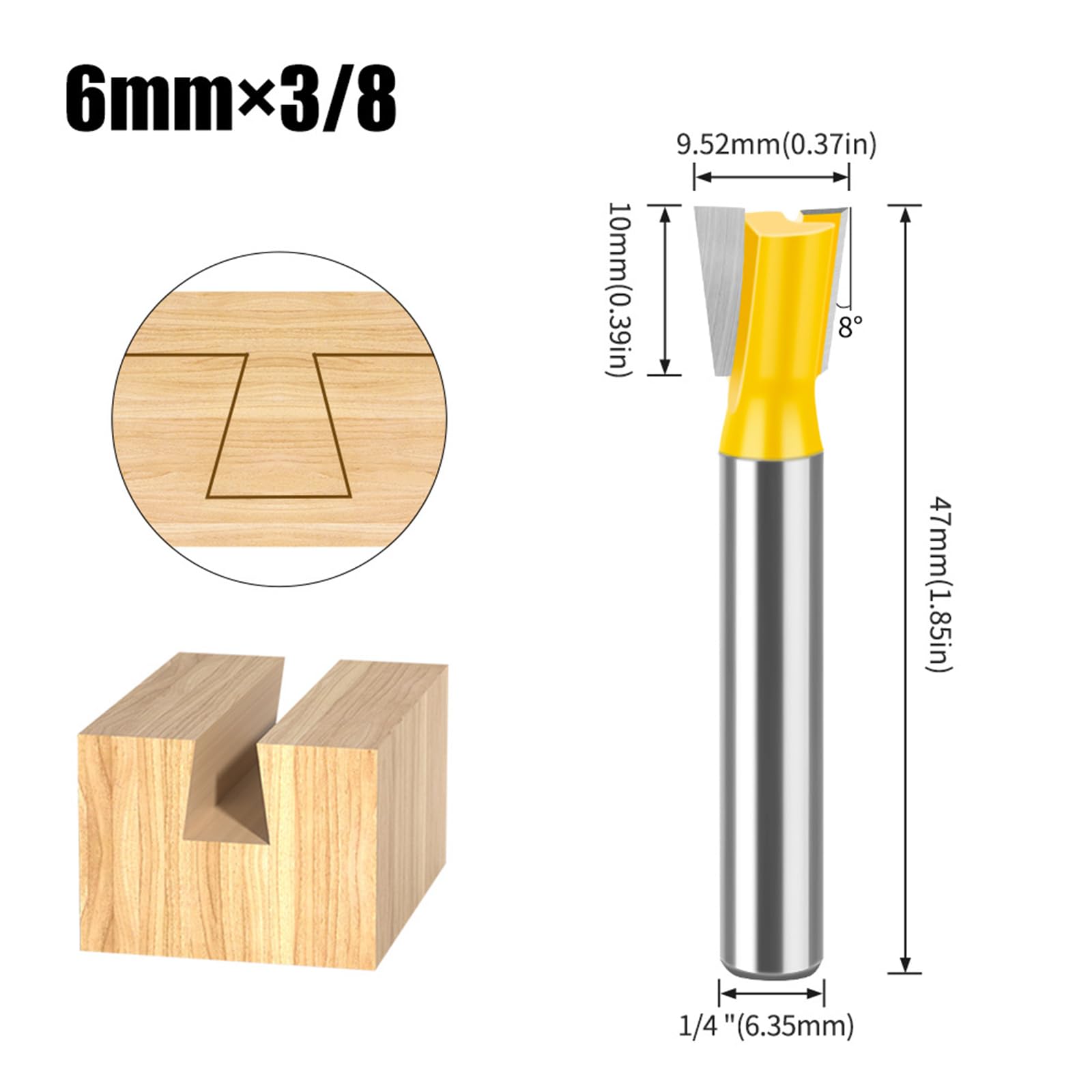 MACHSWON Straight Cut Router Bit Milling Cutter Cutting Dovetail Bit 6mm Shank,3/8" Cut Diameter Wood Cutting Trimming Cutter Double Flute Straight Grooving Bits for Woodworking Dovetail Bit - Image 2