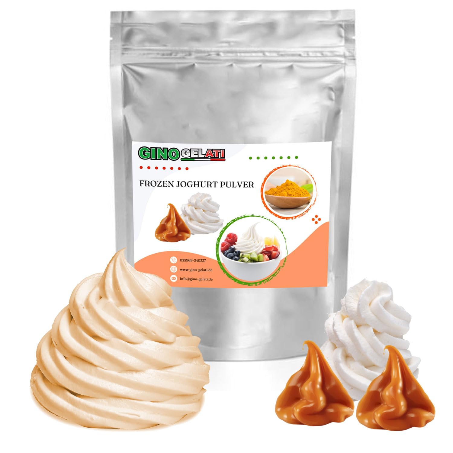 Gino Gelati Frozen Joghurt Pulver mit verschiedenen Karamell- Geschmäckern, einfache Zubereitung, Mischverhältnis 1 zu 3, schnelle und einfache Zubereitung (1 kg, Karamell Sahne)
