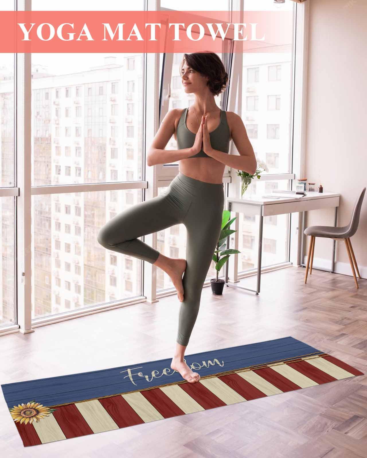 BOSIJOY Yoga Mat Towel,Independence Day Freedom Sunflower Non Slip Sweat Absorbent Hot Yoga Towels with Corner Pockets,Red Beige Blue Wooden Stripe Soft Microfiber Towel for Pilates Bikram 70