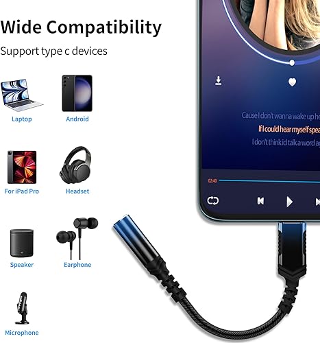 Miniatura 7 de iMangoo Adaptador de audio USB tipo C a 0.138 in para Motorola Edge+ para iPhone 17 Air 16 16e 15 Pro Max, cable de nailon macho a hembra a cable