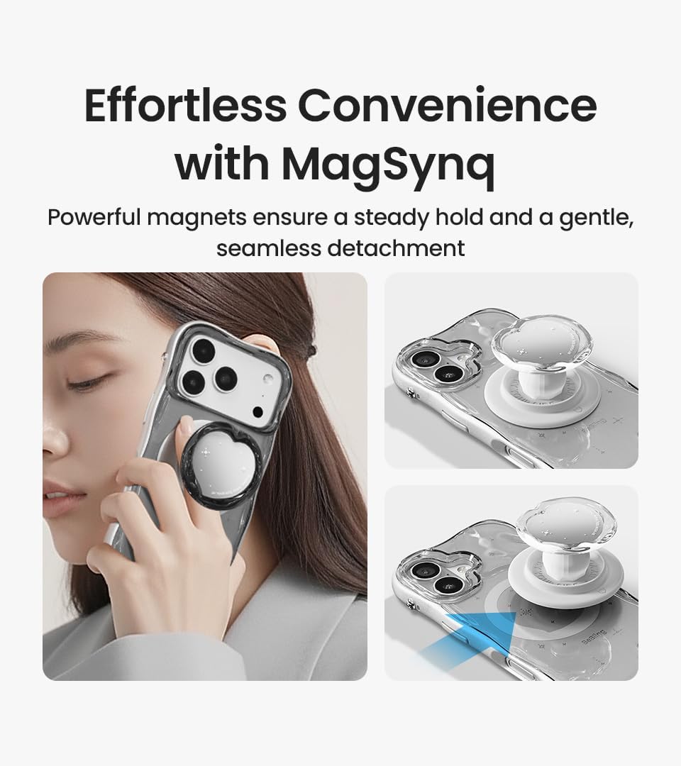 iFace BeBling Aero [MagSynq Grip Holder] Compatible with MagSafe Phone Case Mirror Chrome Clear Glossy Water Ripple Heart Design Case Shockproof Protection Stylish Gift for Trendsetters - Blue