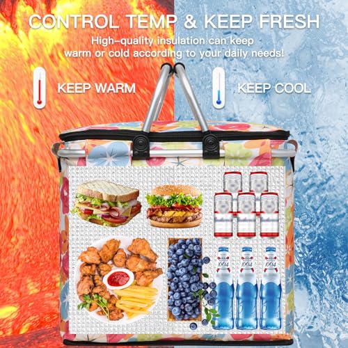 KEFOMOL Insulated Picnic Basket,40L Leak-Proof Cooler Bag,Grocery Basket with Lid,2 Sturdy Handles,Storage Basket for Picnic, Picnic Basket for 4 Persons (Flower)
