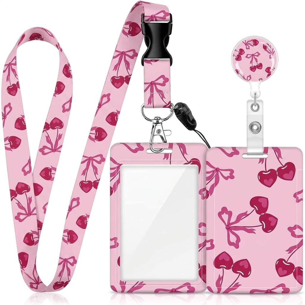 Cherry-Patterned Lanyard with Card Holder Set, Sliding Badge Holder, Employee ID Card Lanyard Holder, Stylish Employee ID Card Protective Case for Staff, Students, Teachers and Nurses (Pink Cherry)